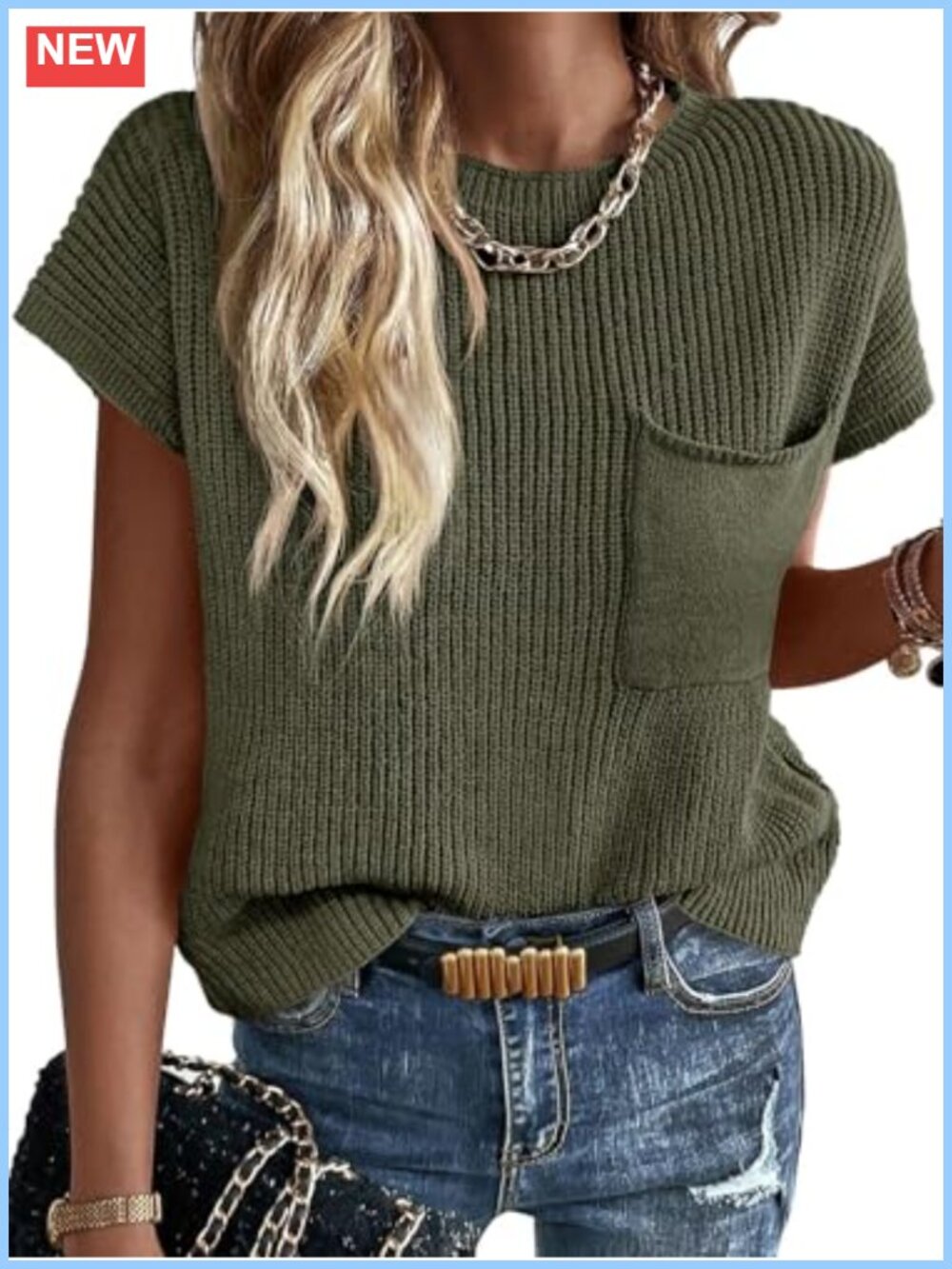 Women's Ribbed Knit Sweater Vest with Front Pocket - Casual Loose Fit